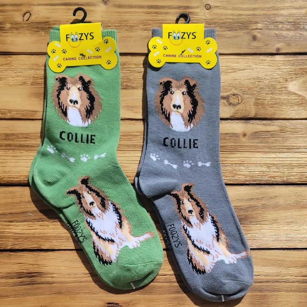 NWT Foozys Collie Dog Socks - Green and Gray  2 Pair Set - Unisex